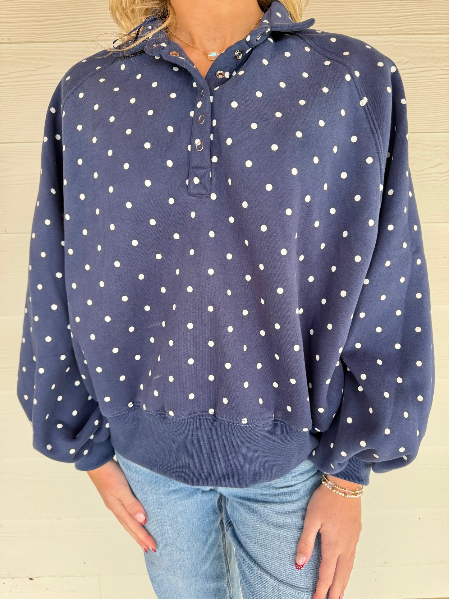 Nora Navy Polka Dot Snap Sweatshirt