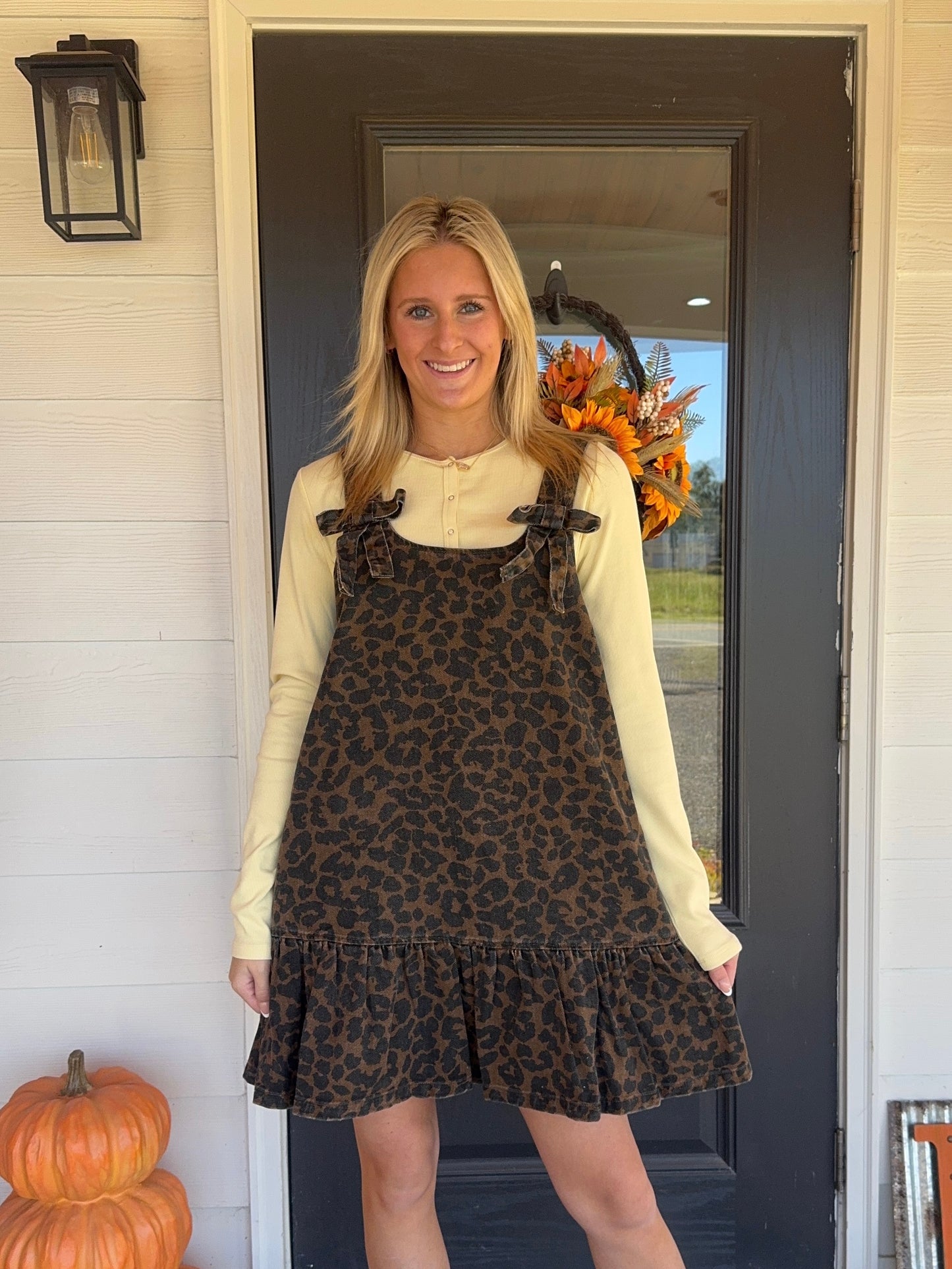 Brooklyn Bow Leopard Mini Denim Dress