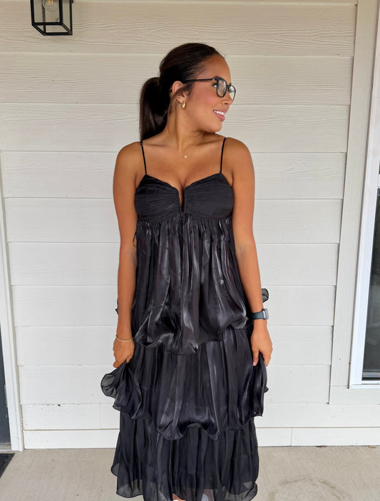 Bonnie Black Tiered Ruffle Midi Dress