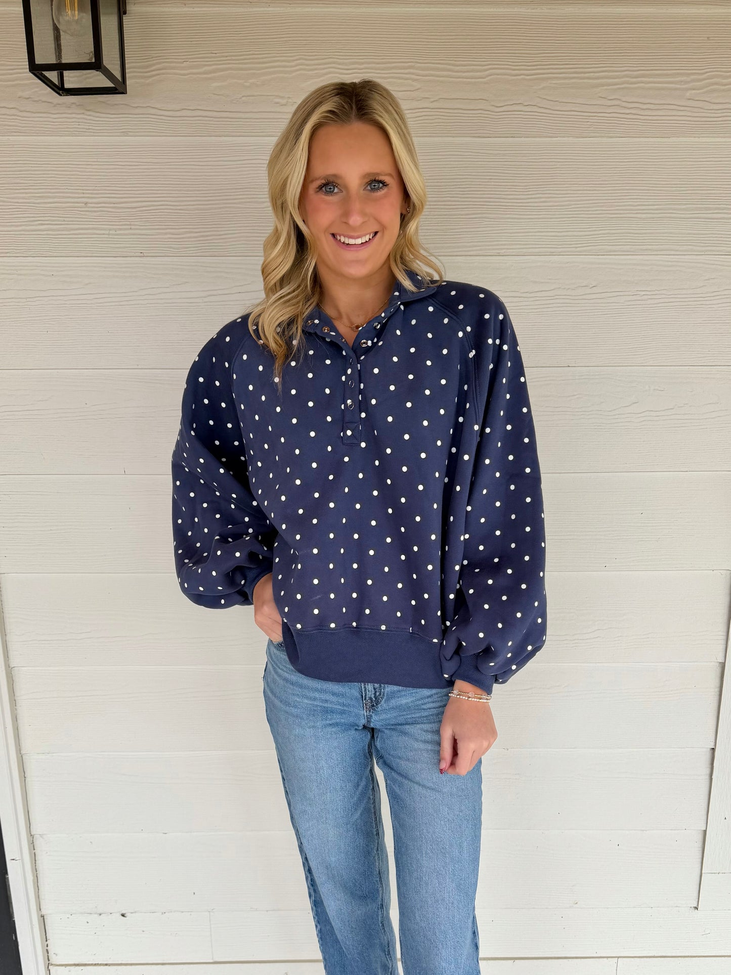 Nora Navy Polka Dot Snap Sweatshirt