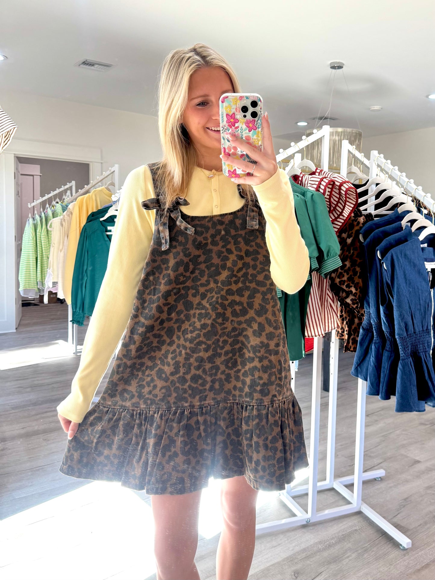 Brooklyn Bow Leopard Mini Denim Dress