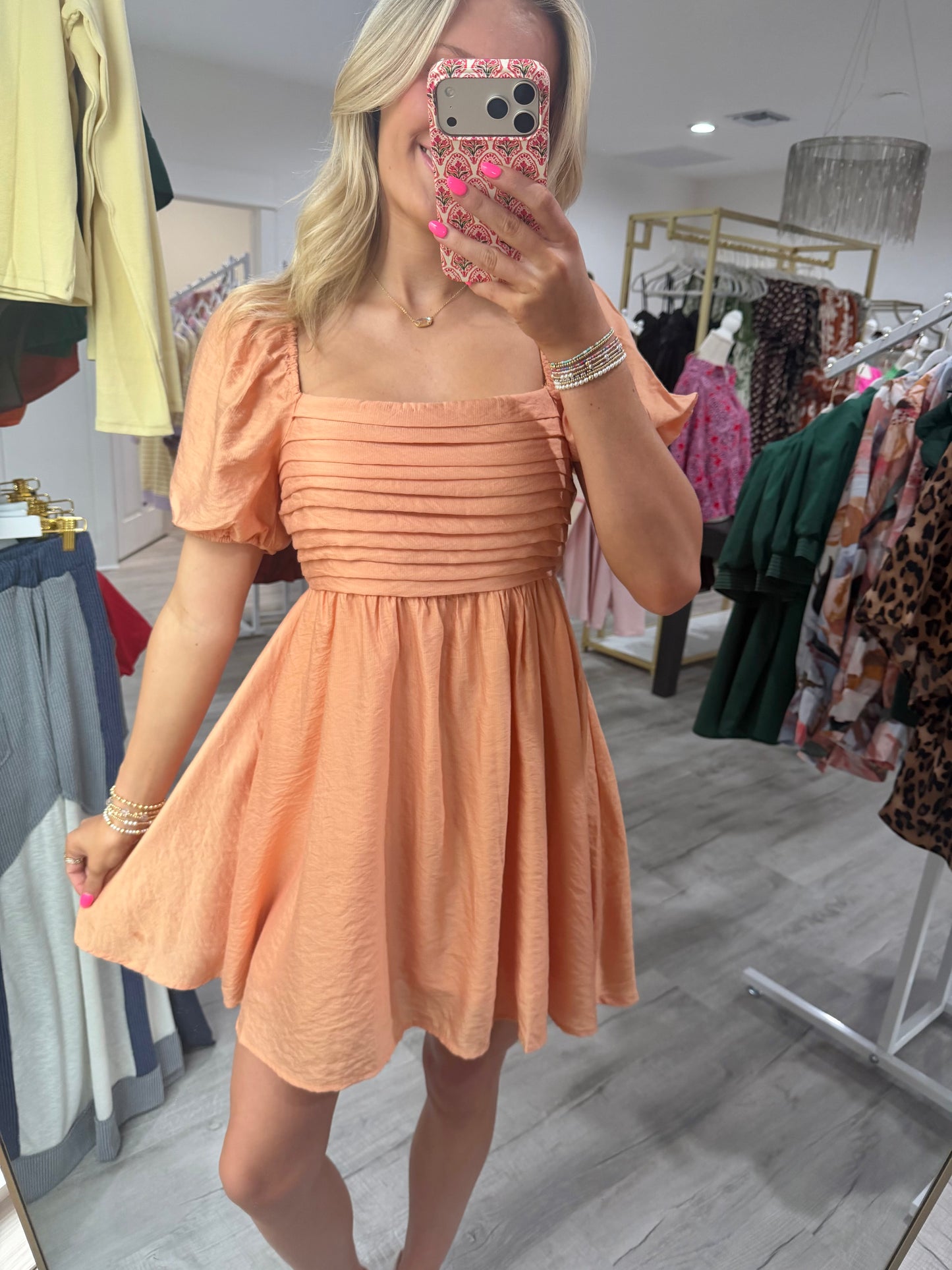 Apricot Pleated Mini Dress