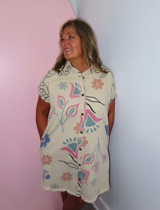 Rene Floral Khaki Denim Dress