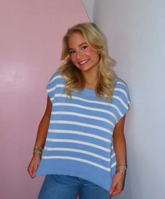 Maya Striped Light Blue Sleeveless Sweater